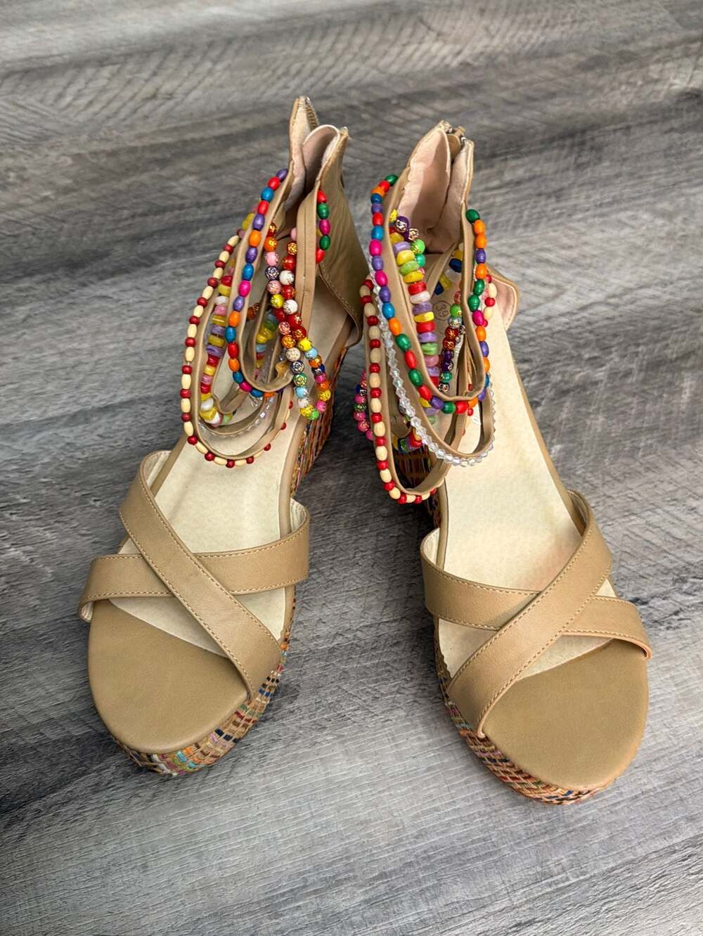 getmorebeauty Women's Wedge Sandals with Multi-Color Beaded Ankle Straps Tan Siz